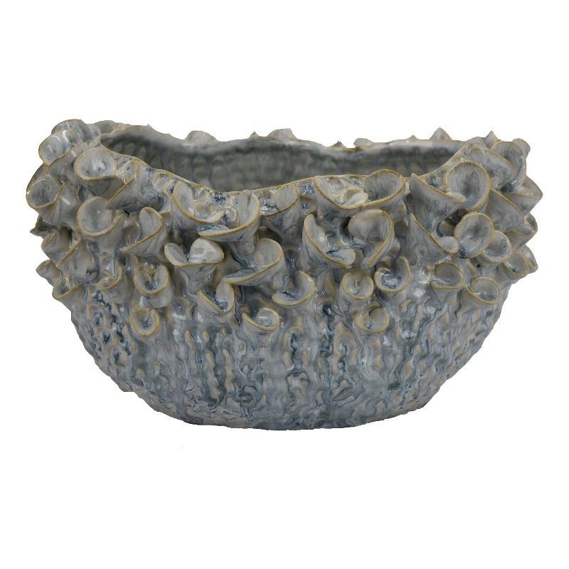 Benjara Nina Decorative Bowl- Light Blue- Textured Floral Gray Ceramic 13 Inch