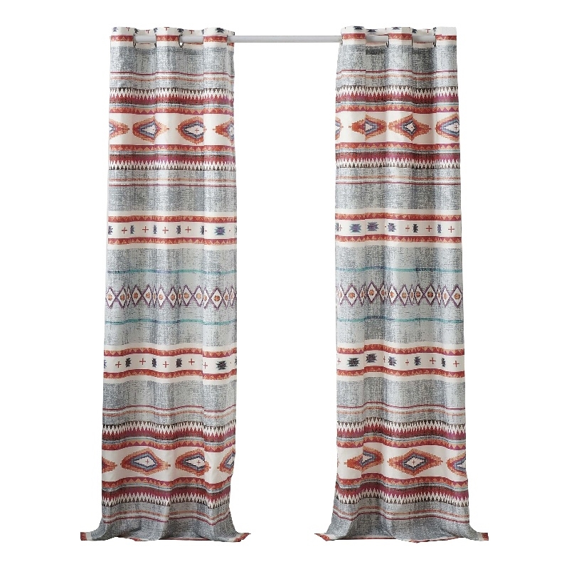 Benjara Pimi 2 Panel Curtain Set- Boho Stripes Red White Gray- Microfiber