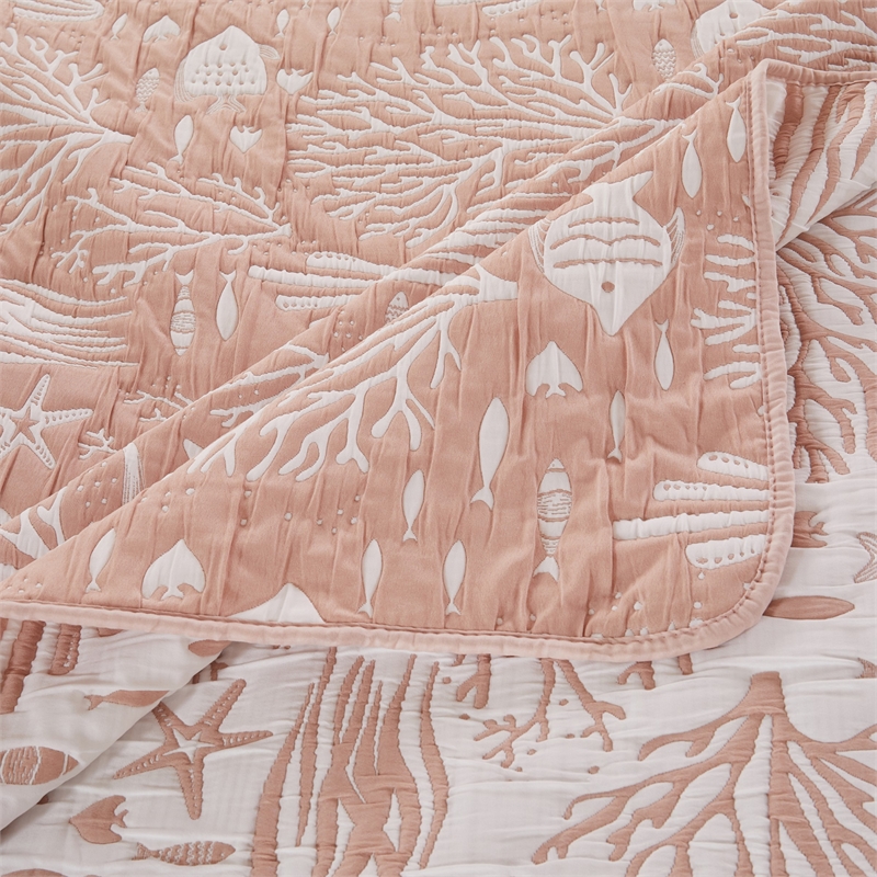 Benjara Amy 3 Piece King Quilt Set- Coastal Theme- Soft Pink White Polyester