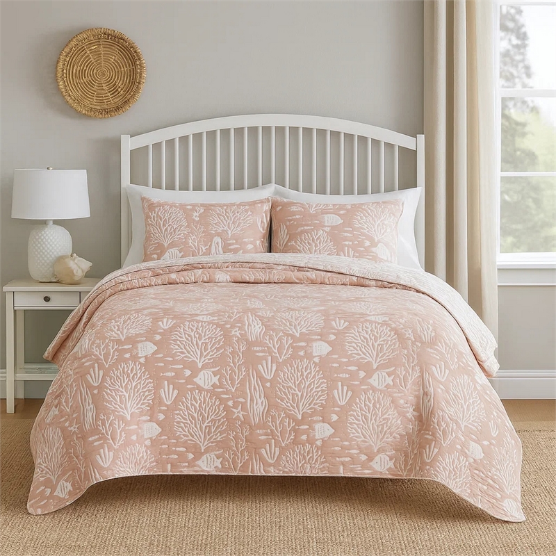 Benjara Amy 3 Piece King Quilt Set- Coastal Theme- Soft Pink White Polyester