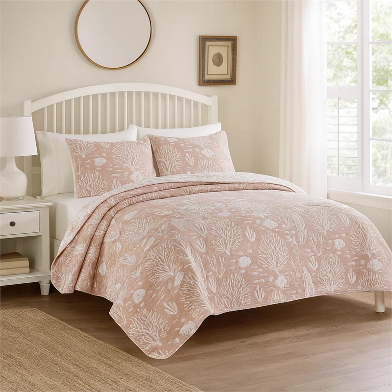 Benjara Amy 3 Piece King Quilt Set- Coastal Theme- Soft Pink White Polyester