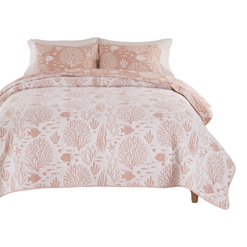 Benjara Amy 3 Piece King Quilt Set- Coastal Theme- Soft Pink White Polyester