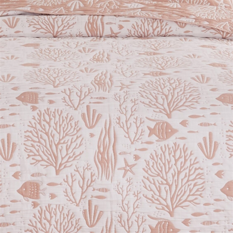 Benjara Amy 3 Piece King Quilt Set- Coastal Theme- Soft Pink White Polyester