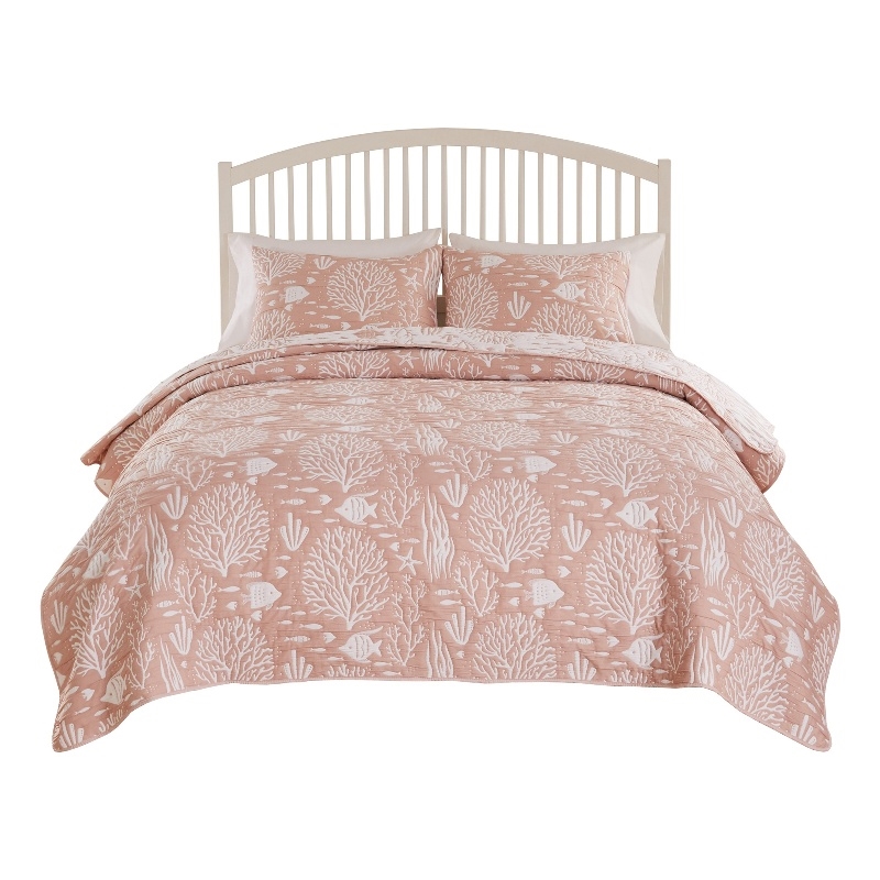 Benjara Amy 3 Piece King Quilt Set- Coastal Theme- Soft Pink White Polyester