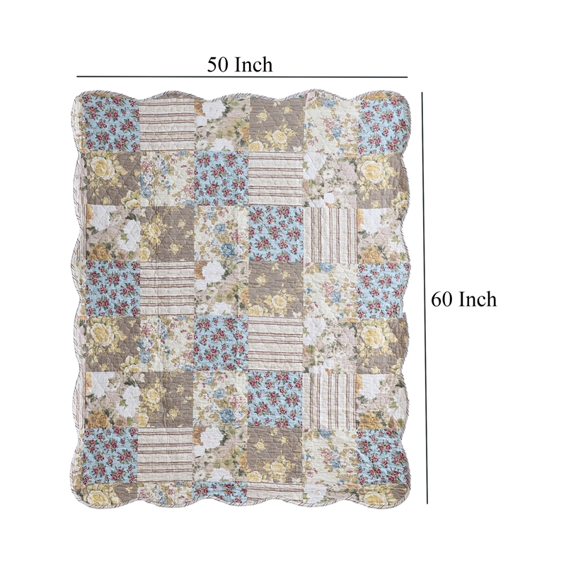 Benjara Ciny 50x60 Quilted Throw Blanket- Blue- Brown- and Yellow Floral Print