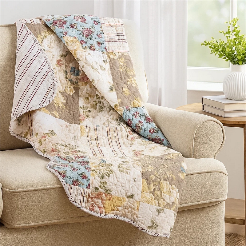 Benjara Ciny 50x60 Quilted Throw Blanket- Blue- Brown- and Yellow Floral Print
