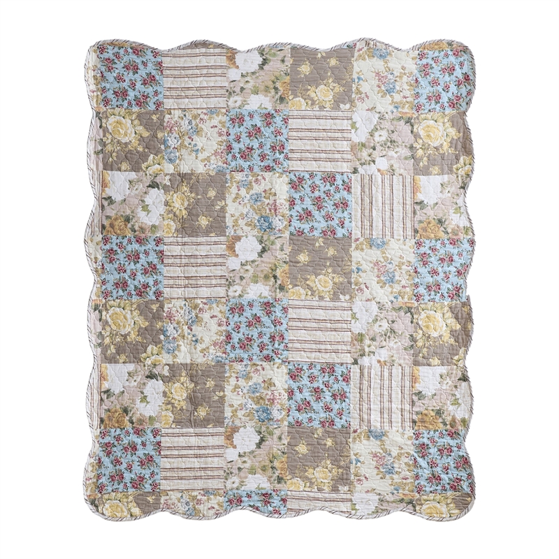 Benjara Ciny 50x60 Quilted Throw Blanket- Blue- Brown- and Yellow Floral Print