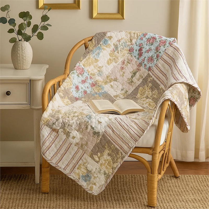 Benjara Ciny 50x60 Quilted Throw Blanket- Blue- Brown- and Yellow Floral Print