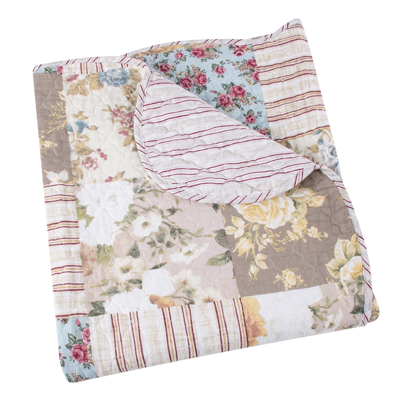 Benjara Ciny 50x60 Quilted Throw Blanket- Blue- Brown- and Yellow Floral Print