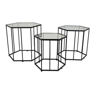 Benjara Kellie Plant Stand Table Set of 3- Black Metal- Hexagon Glass Tops
