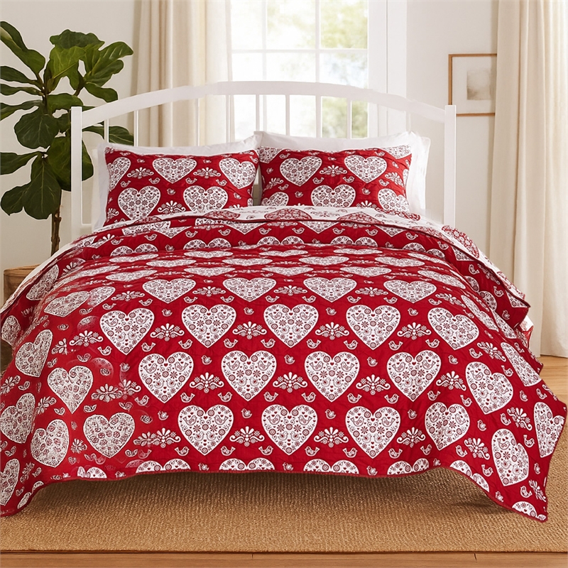 Benjara Liv 3pc Queen Size Coverlet Set- Woven Jacquard Matelasse- Red- White