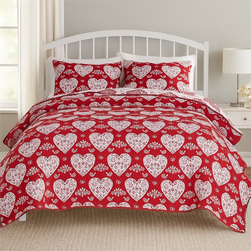 Benjara Liv 3pc King Size Coverlet Set- Woven Jacquard Matelasse- Red- White