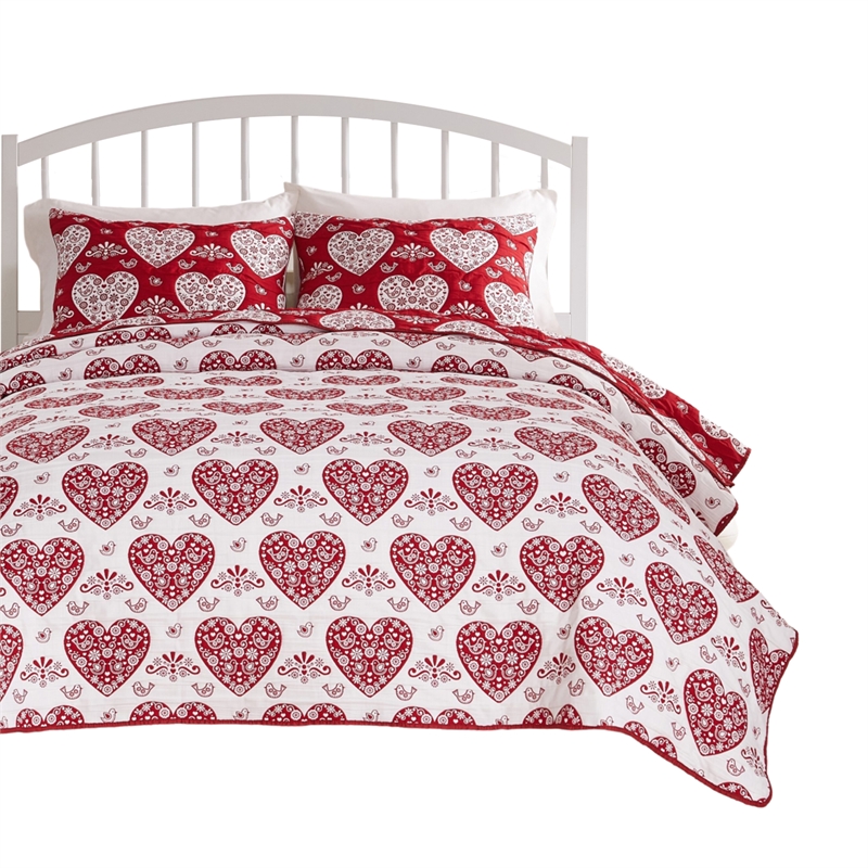 Benjara Liv 3pc King Size Coverlet Set- Woven Jacquard Matelasse- Red- White