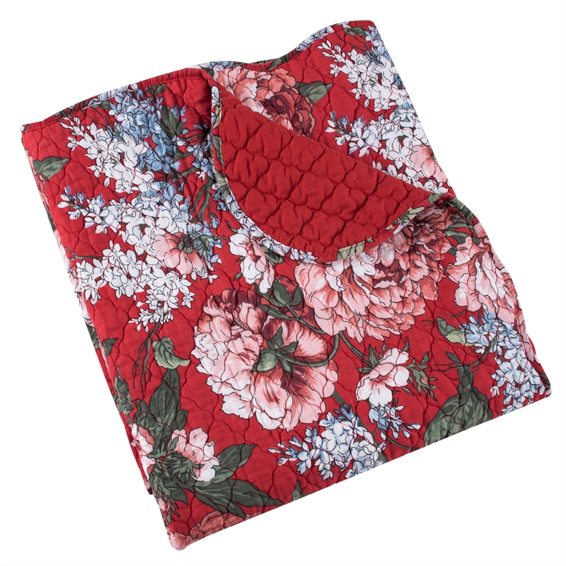 Benjara Milz 50x60 Quilted Throw Blanket- Cotton- Polyester- Red Floral Print