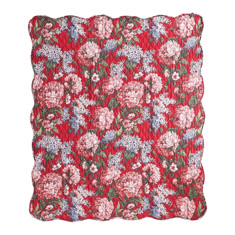 Benjara Milz 50x60 Quilted Throw Blanket- Cotton- Polyester- Red Floral Print