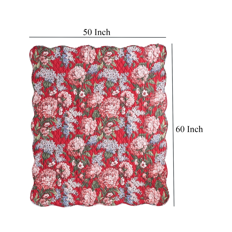Benjara Milz 50x60 Quilted Throw Blanket- Cotton- Polyester- Red Floral Print