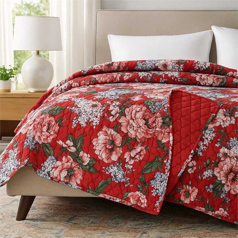 Benjara Milz 50x60 Quilted Throw Blanket- Cotton- Polyester- Red Floral Print