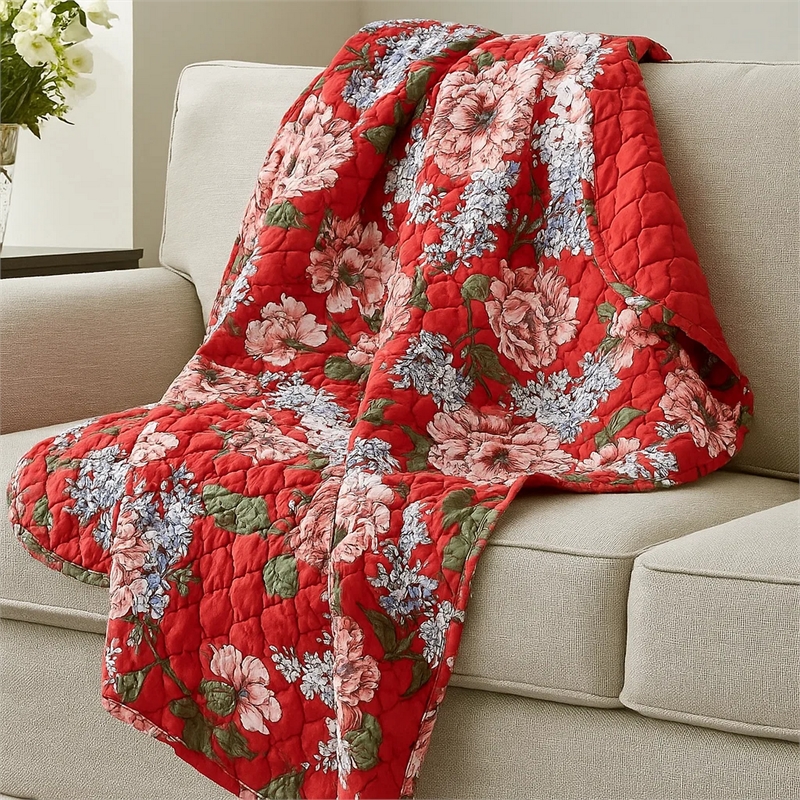 Benjara Milz 50x60 Quilted Throw Blanket- Cotton- Polyester- Red Floral Print