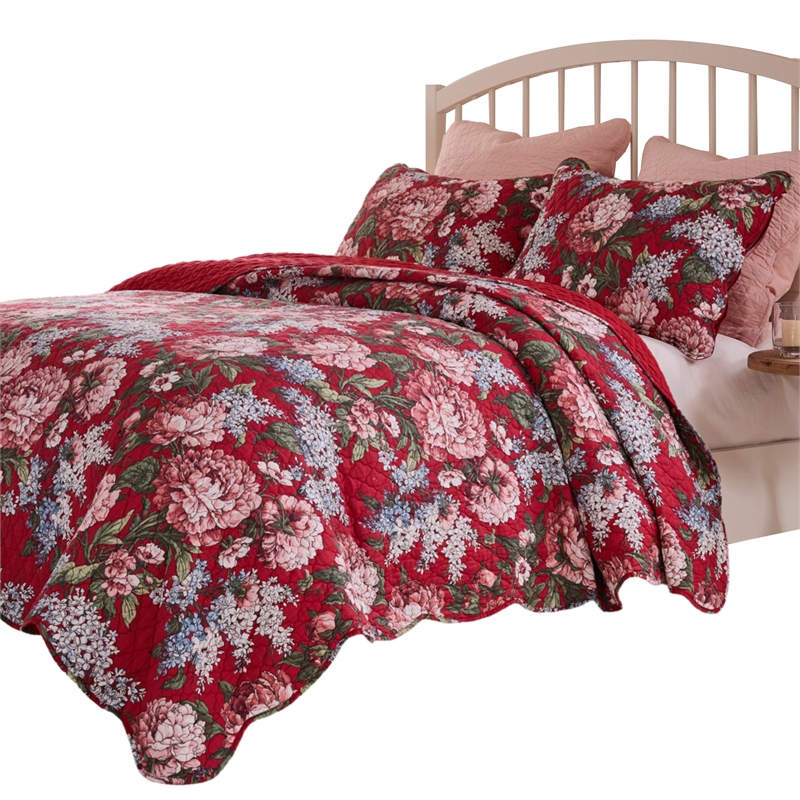 Benjara Milz 2pc Twin Size Quilt Set- Cotton- Polyester- Garnet Red Florals
