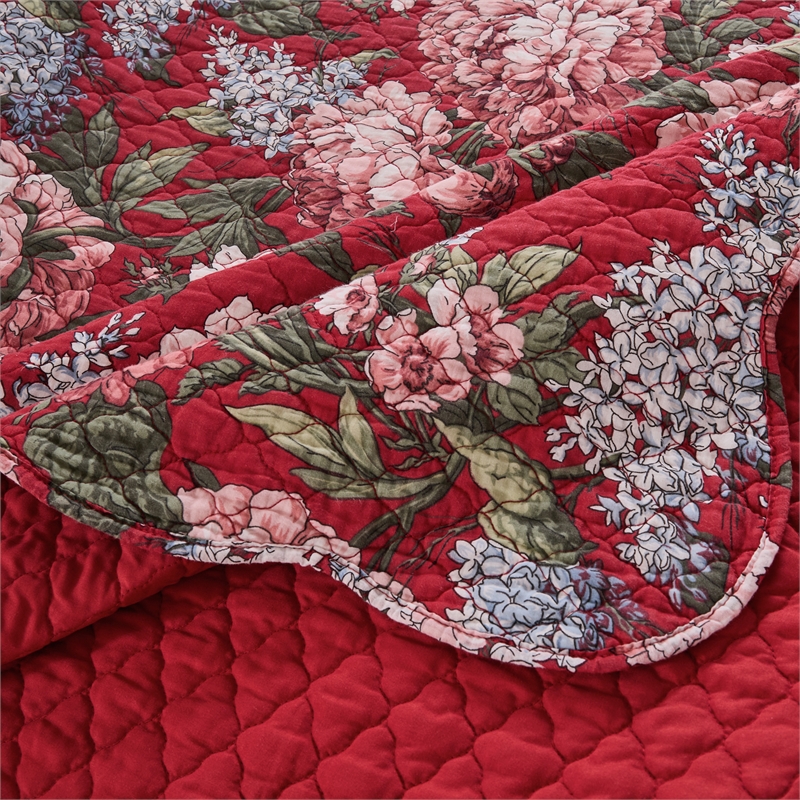 Benjara Milz 2pc Twin Size Quilt Set- Cotton- Polyester- Garnet Red Florals
