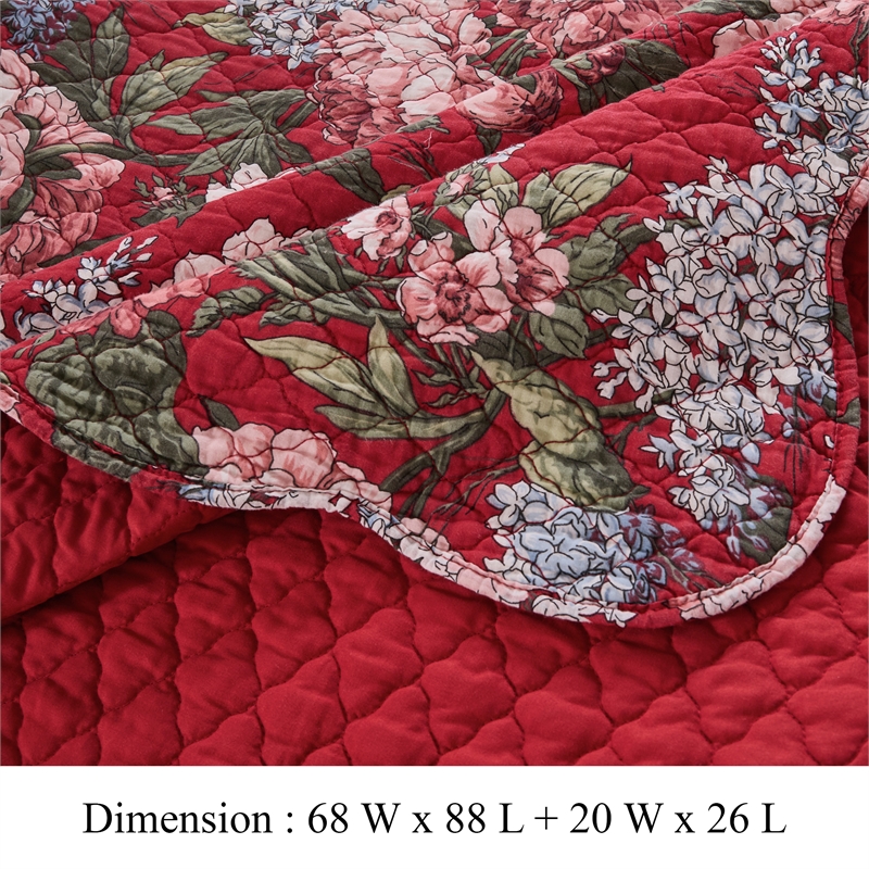 Benjara Milz 2pc Twin Size Quilt Set- Cotton- Polyester- Garnet Red Florals