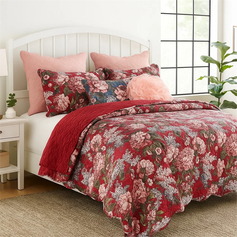Benjara Milz 2pc Twin Size Quilt Set- Cotton- Polyester- Garnet Red Florals