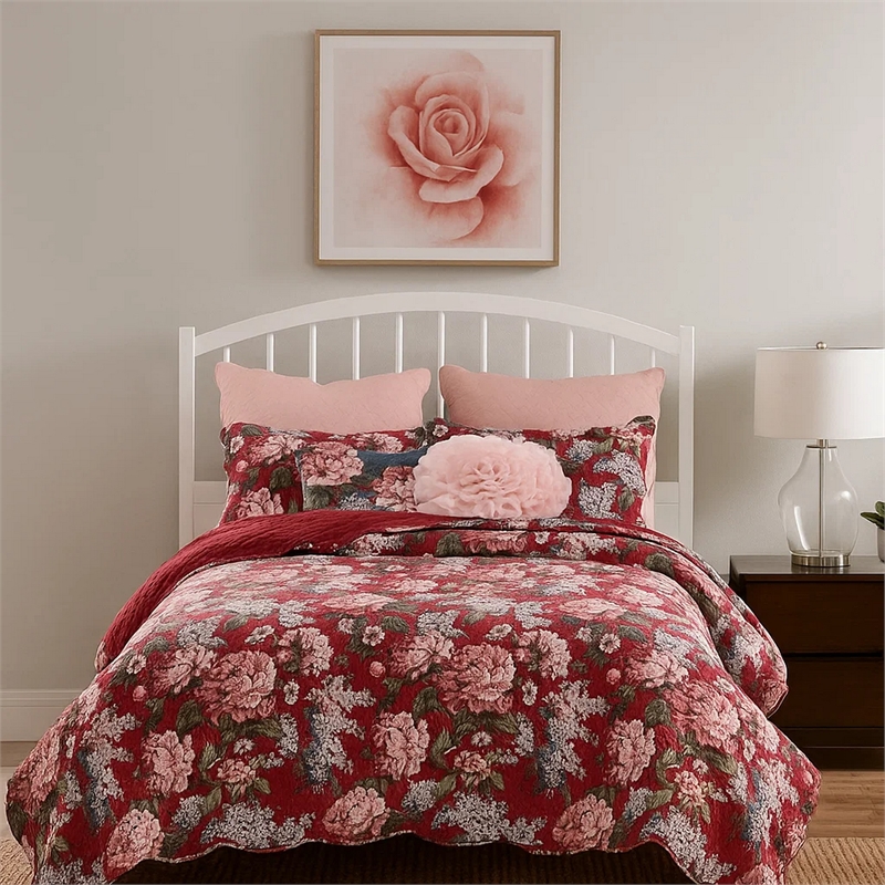 Benjara Milz 2pc Twin Size Quilt Set- Cotton- Polyester- Garnet Red Florals