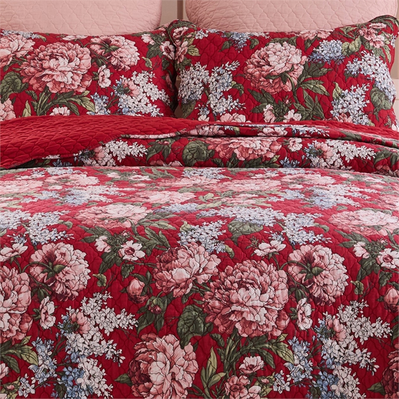 Benjara Milz 2pc Twin Size Quilt Set- Cotton- Polyester- Garnet Red Florals