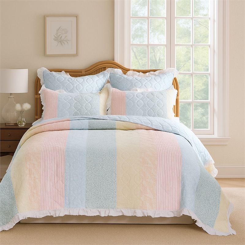 Benjara Tisy 2pc Twin Size Quilt Set- Cotton- Polyester- Pastel Color Stripes