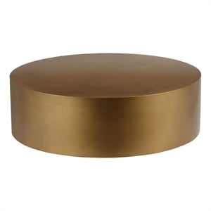 Benjara Rano Coffee Table- 40&quot Round Brass Iron Top- Modern Drum Shape