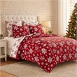 Benjara Flok 3 Piece Queen Quilt Set- Red and White Polyester- Snowflake Theme