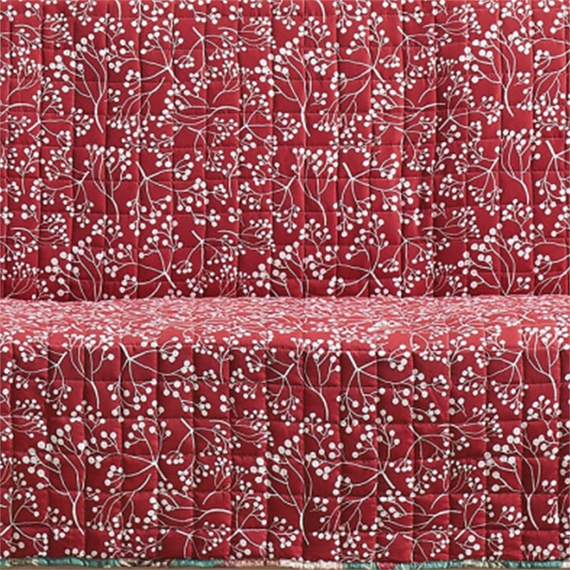 Benjara Lowa Sofa Slipcover- Reversible- Polyester- Green- Red Festive Theme