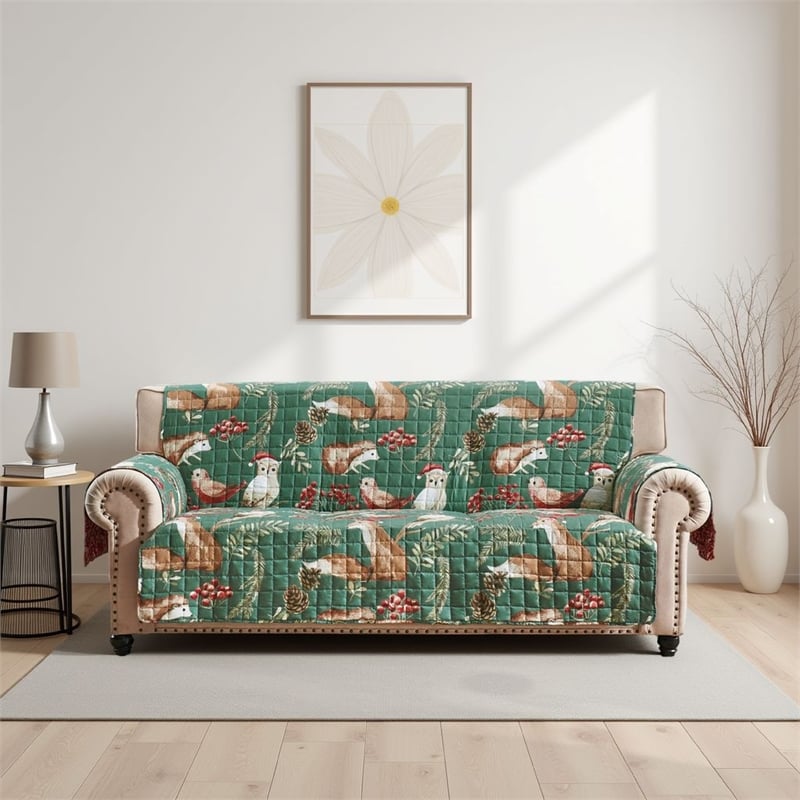 Benjara Lowa Sofa Slipcover- Reversible- Polyester- Green- Red Festive Theme