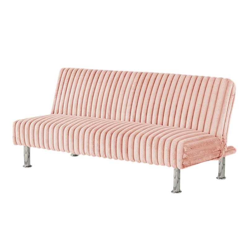 Benjara Hini Fold Out Futon Sofa Bed- Light PInk- Modern Chrome Metal Legs