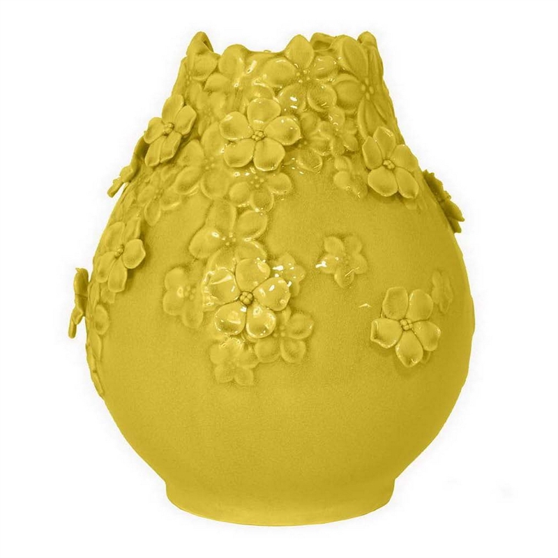Benjara Remi Flower Vase- Decorative Yellow Ceramic w Floral Motifs- 11 Inch