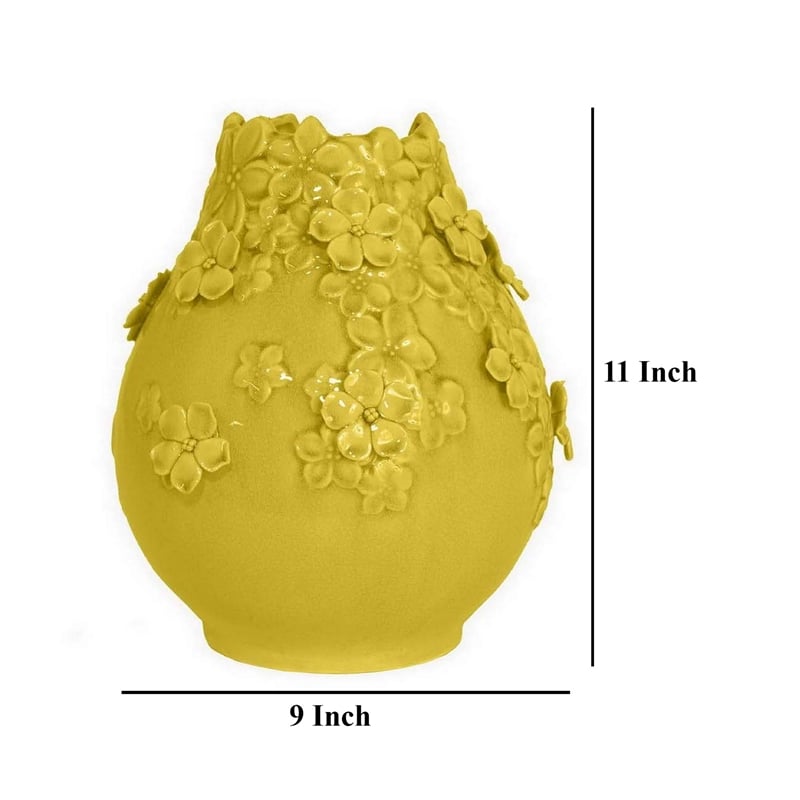 Benjara Remi Flower Vase- Decorative Yellow Ceramic w Floral Motifs- 11 Inch