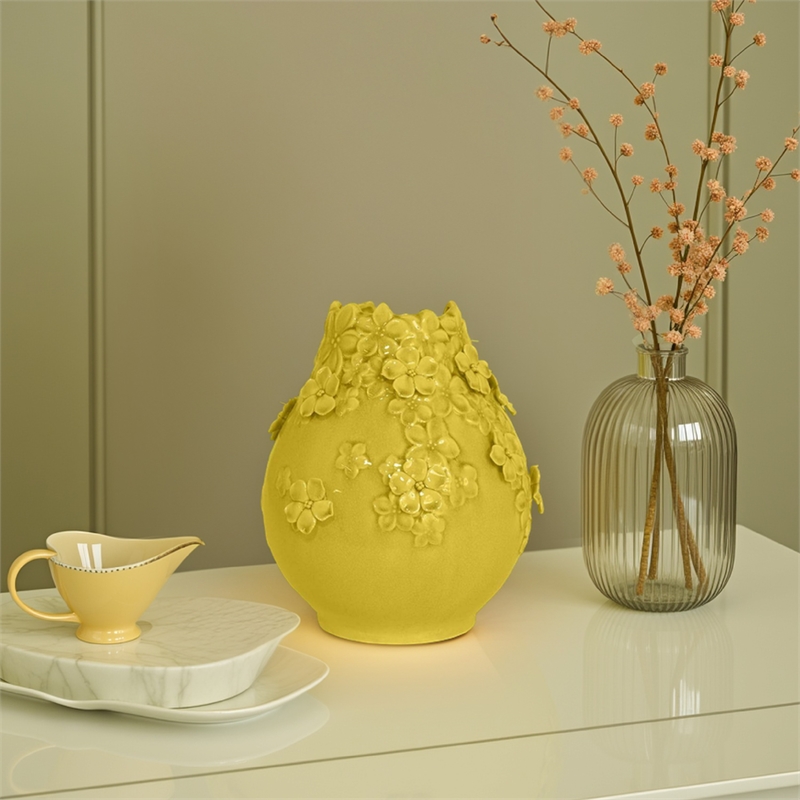 Benjara Remi Flower Vase- Decorative Yellow Ceramic w Floral Motifs- 11 Inch