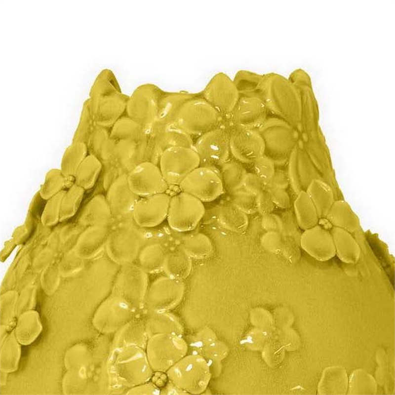 Benjara Remi Flower Vase- Decorative Yellow Ceramic w Floral Motifs- 11 Inch