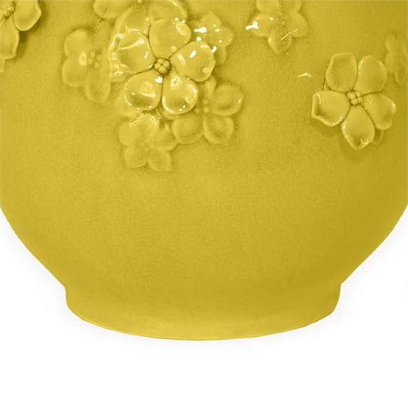 Benjara Remi Flower Vase- Decorative Yellow Ceramic w Floral Motifs- 11 Inch
