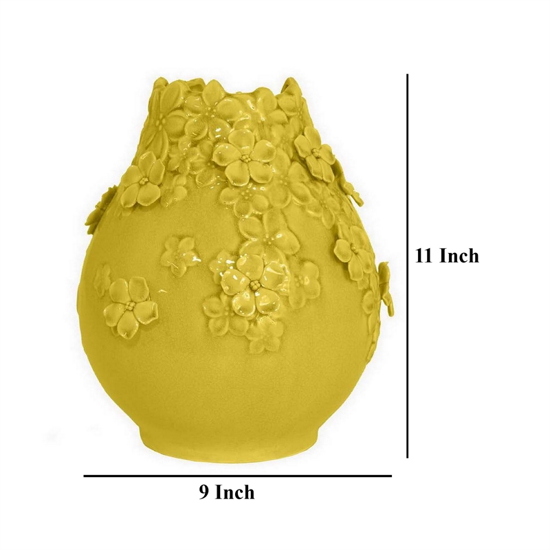 Benjara Remi Flower Vase- Decorative Yellow Ceramic w Floral Motifs- 11 Inch