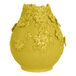 Benjara Remi Flower Vase- Decorative Yellow Ceramic w Floral Motifs- 11 Inch