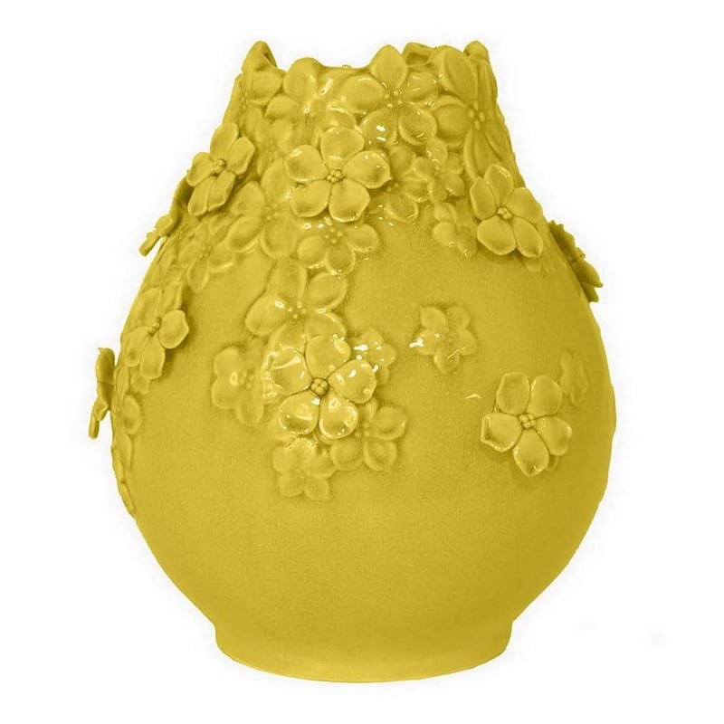 Benjara Remi Flower Vase- Decorative Yellow Ceramic w Floral Motifs- 11 Inch
