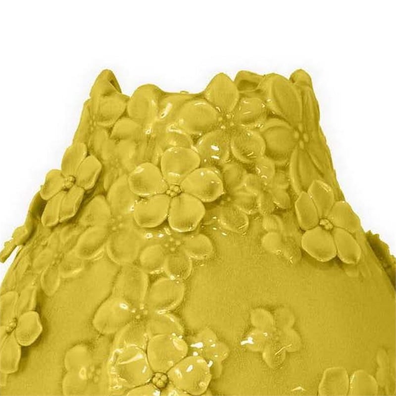 Benjara Remi Flower Vase- Decorative Yellow Ceramic w Floral Motifs- 11 Inch