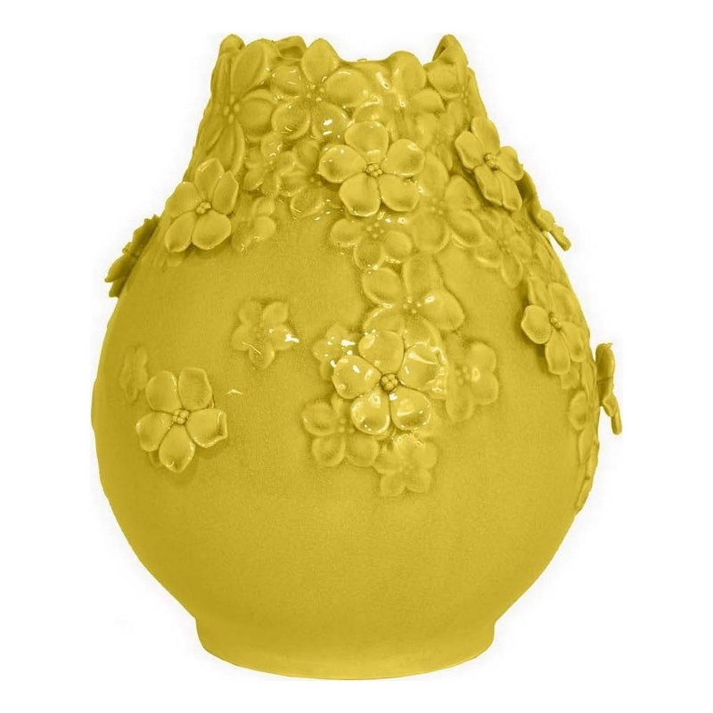 Benjara Remi Flower Vase- Decorative Yellow Ceramic w Floral Motifs- 11 Inch