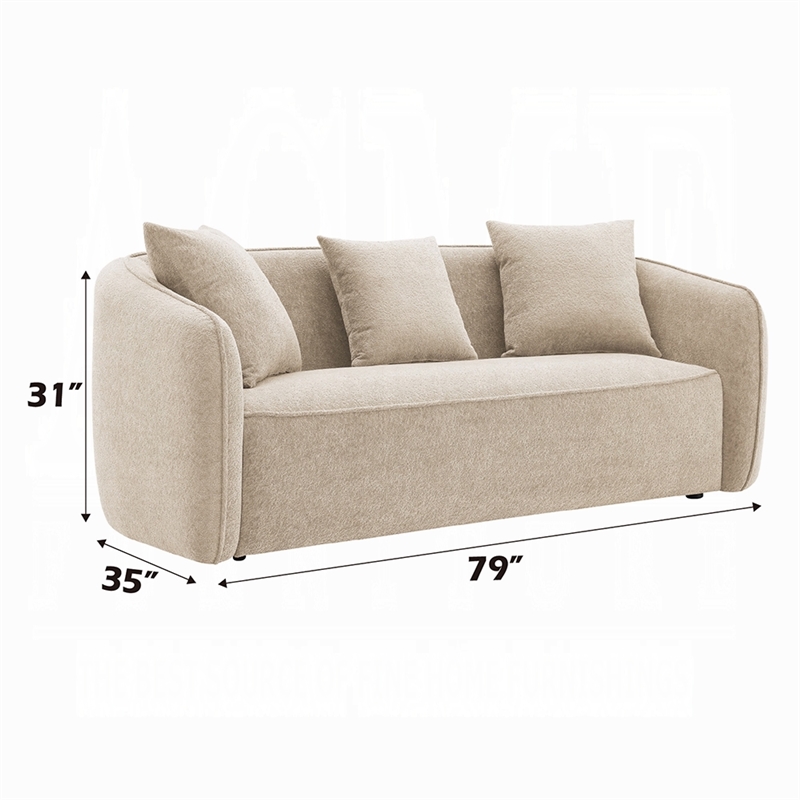 Benjara Keina Sofa- 3 Accent Pillows- Rounded Back- Beige Chenille- 79 Inch