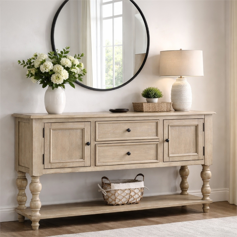 Benjara Cherie Sideboard Buffet Console- 2 Drawers Doors- Light Brown- 60 Inch