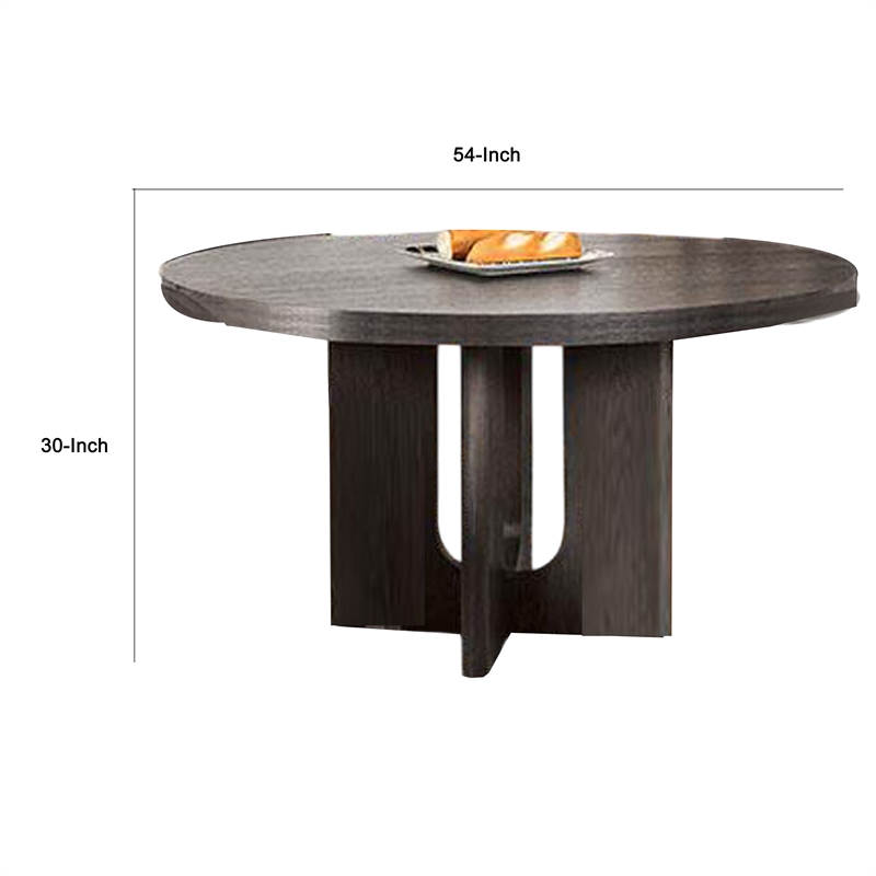 Benjara Zoko Round Dining Table- Pedestal Base- Ash Gray- Solid Wood 54 Inch