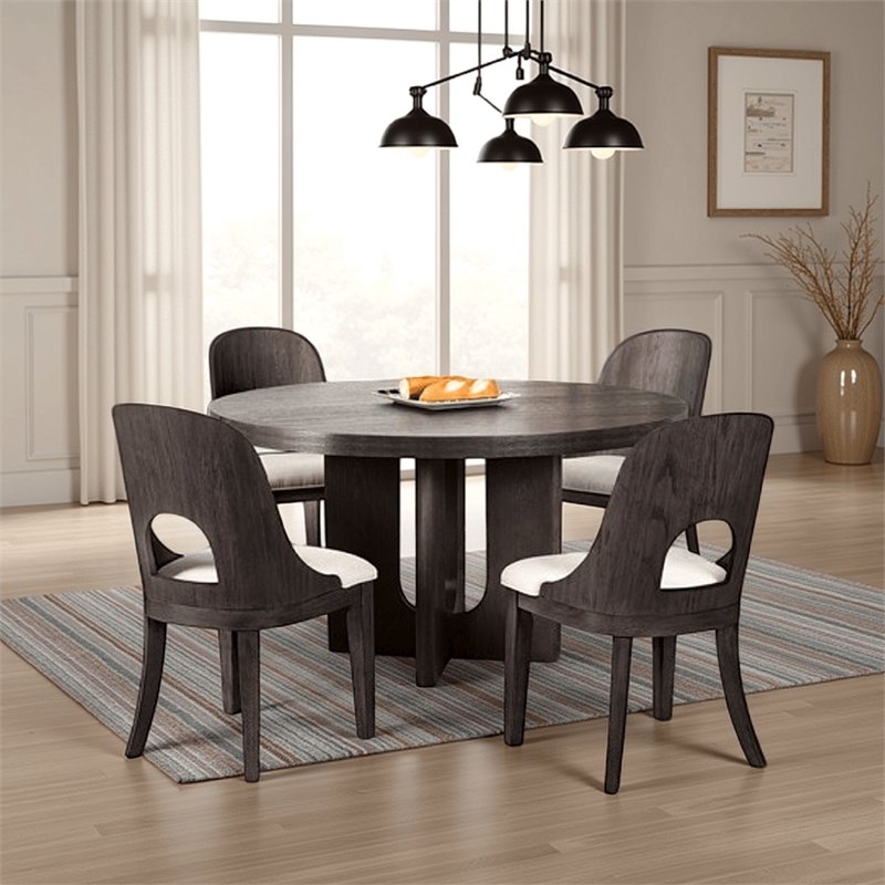 Benjara Zoko Round Dining Table- Pedestal Base- Ash Gray- Solid Wood 54 Inch