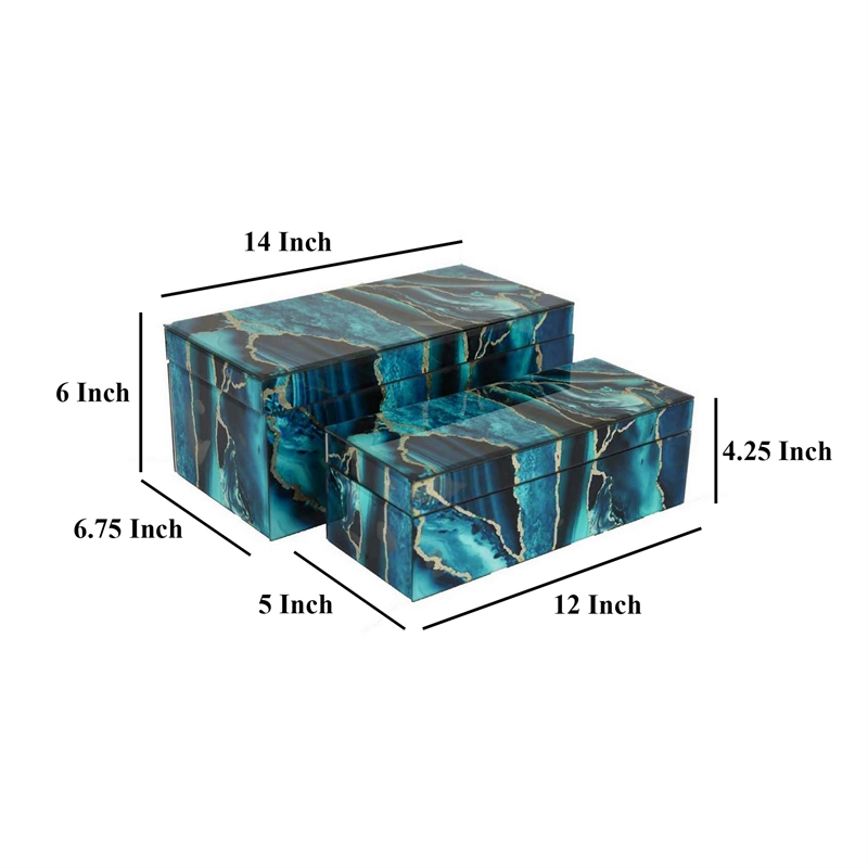 Benjara Dory Decorative Box Set of 2- Deep Blue Black Faux Marble Accent Glass
