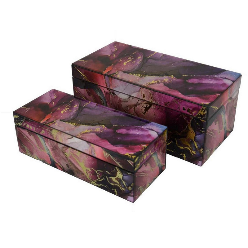 Benjara Dory Decorative Box Set of 2- Pink Gold Faux Agate Stone Accent Glass
